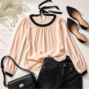 LOFT Blush Peach Long-Sleeve Blouse with Black Trim and Neck Tie